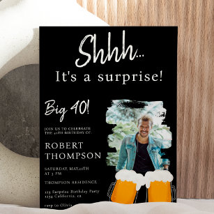 Beer pints black photo surprise forty birthday invitation
