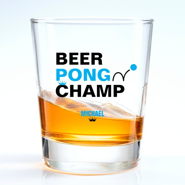 Beer Pong Champ Champion Blue & Black Shot Glass (black and blue beer pong champ shot glass)