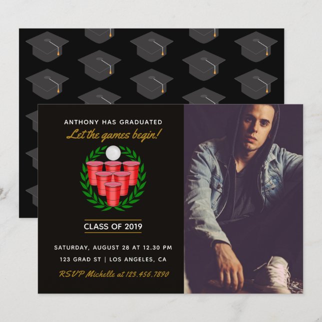 Beer Pong Graduation celebration party add photo Invitation (Front/Back)