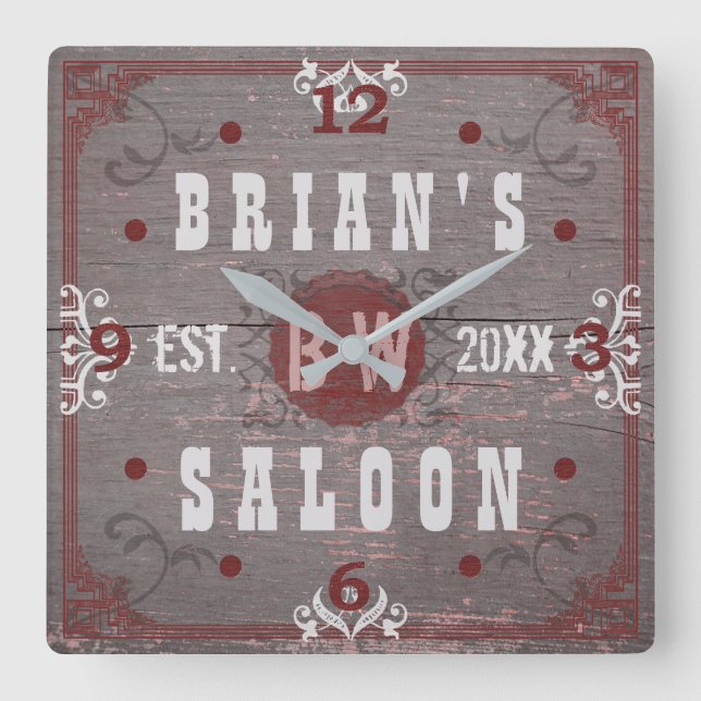 Beer Saloon Home Bar Red Gray Personalized Square Wall Clock (Front)
