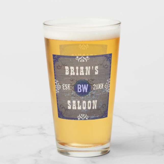 Beer Saloon Rustic Wood Old Western Wild West Name Glass (Front Filled)