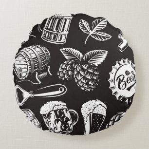 Beer seamless pattern in vintage styleart, backgro round cushion