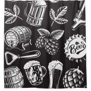 Beer seamless pattern in vintage styleart, backgro shower curtain