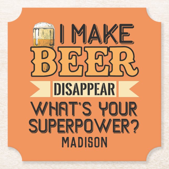 Beer Superpower custom name & colour Paper Coaster (Front)