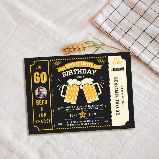 Beer Theme Black Ticket Men Adult Birthday Photo Invitation (men birthday party invitation beer themed cheers photo black yellow orange ticket mugs template)