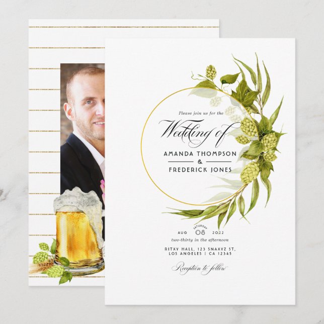 Beer Willow Green and Gold Geometric Wedding Photo Invitation (Front/Back)