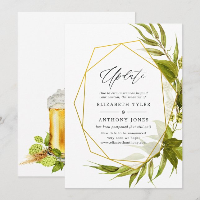 Beer Willow Green & Gold Geometric Wedding Update Invitation (Front/Back)