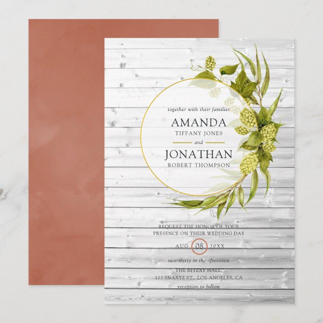 Beer Willow Greenery and Gold Geometric Wedding Invitation (Front/Back)