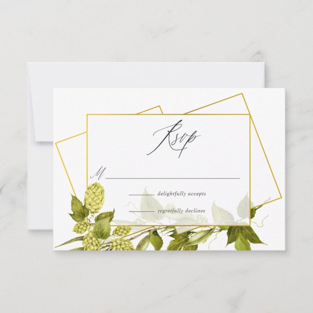 Beer Willow Greenery and Gold Geometric Wedding RSVP Card (Front)
