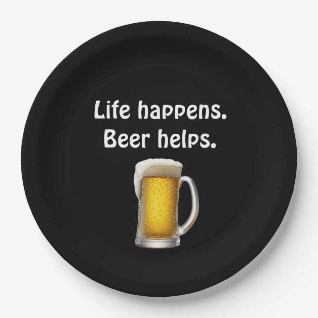 Beer with quote on black paper plate (Front)