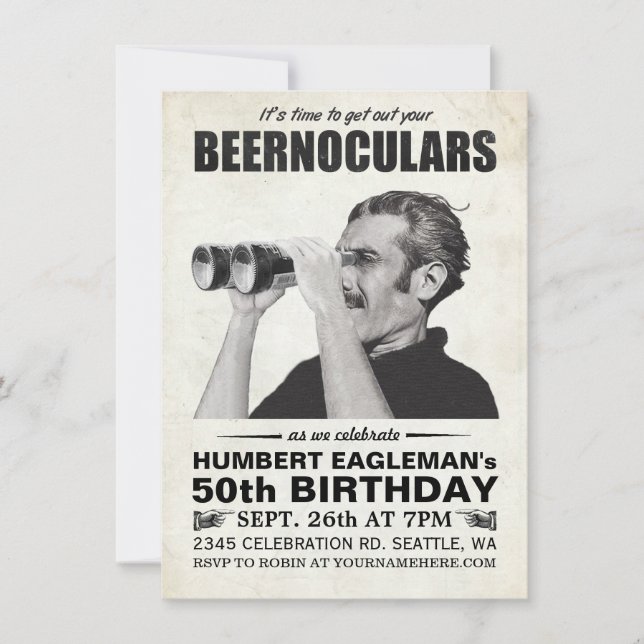 Beernoculars Vintage Birthday Invitation (Front)
