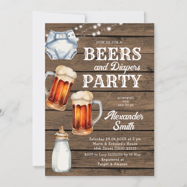 Beers and Diapers Party Wood Men's Baby Shower Invitation (Front)