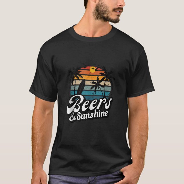 Beers and Sunshine Palm Tree Surf Vacay Retro beac T-Shirt (Front)