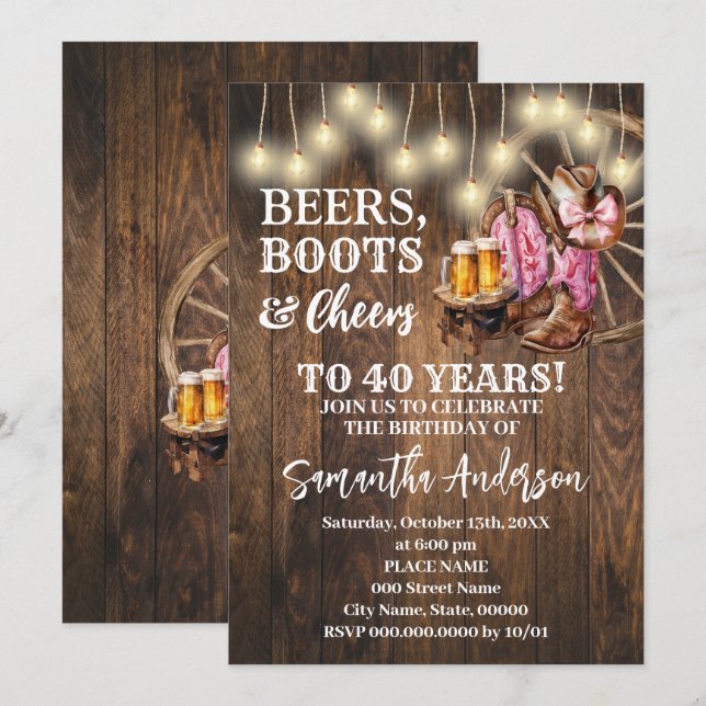 Beers Boots & Cheers Pink Western Country Birthday Invitation (Front/Back)
