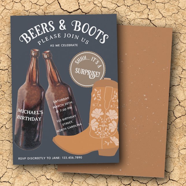 Beers Boots Cowboy Adult Birthday Surprise Party Invitation (Beers Boots Cowboy Adult Birthday Surprise Party Invitation)