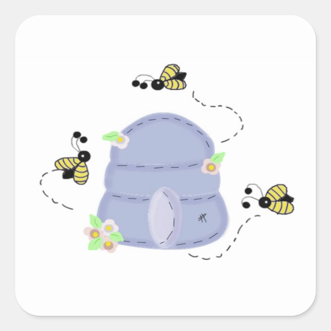 Bees and a Blue Beehive Square Sticker (Front)