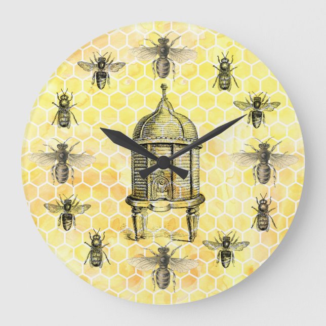Bees and Antique Beehive on Honeycomb Clock (Front)
