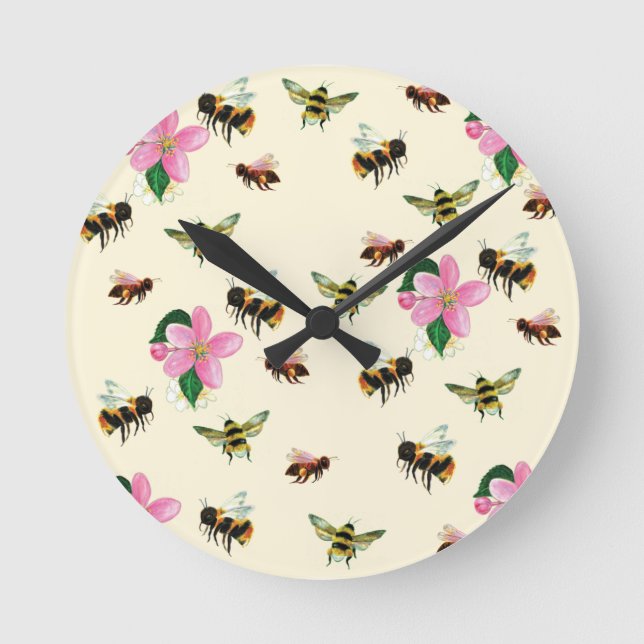Bees and bumblebees & fruit blossoms  round clock (Front)