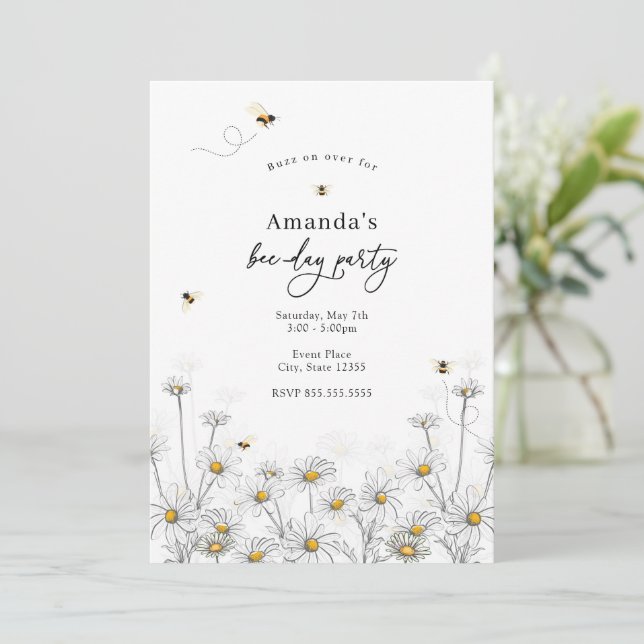Bees and Daisies Beeday Birthday Invitation (Standing Front)