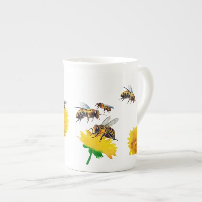 Bees and dandelions bone china mug (Front Right)