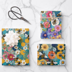 Bees and Florals Bee Flower Pattern Wrapping Paper Sheet