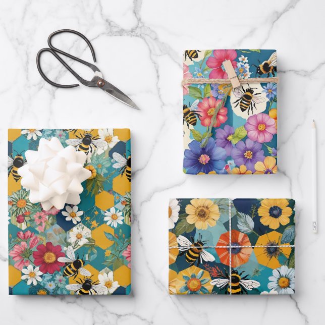 Bees and Florals Bee Flower Pattern Wrapping Paper Sheet (Front)