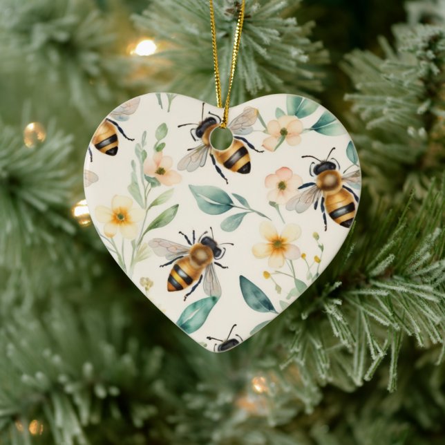 Bees and Flowers - Cream Floral Honey Bee Pattern Ceramic Tree Decoration (Tree)