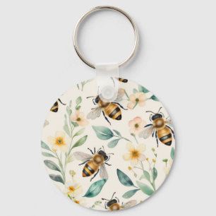 Bees and Flowers - Cream Floral Honey Bee Pattern Key Ring