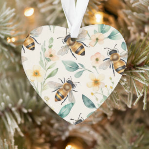 Bees and Flowers - Cream Floral Honey Bee Pattern Ornament