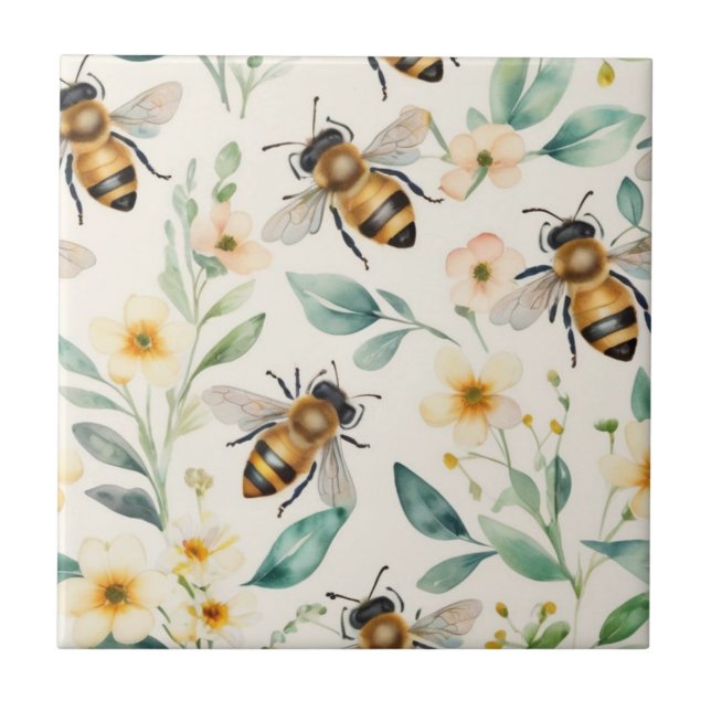Bees and Flowers - Cream Floral Honey Bee Pattern Tile (Front)
