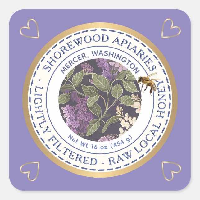 Bees and Flowers Honey Label with Gold Hearts     (Front)