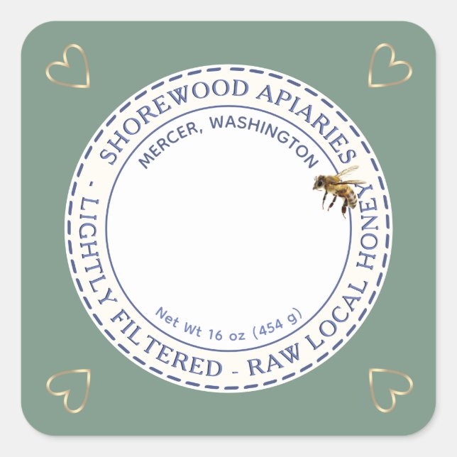 Bees and Flowers Honey Label with Gold Hearts     (Front)