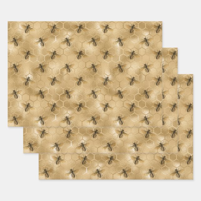 Bees and Gold Honeycomb Wrapping Paper Sheet (Set)