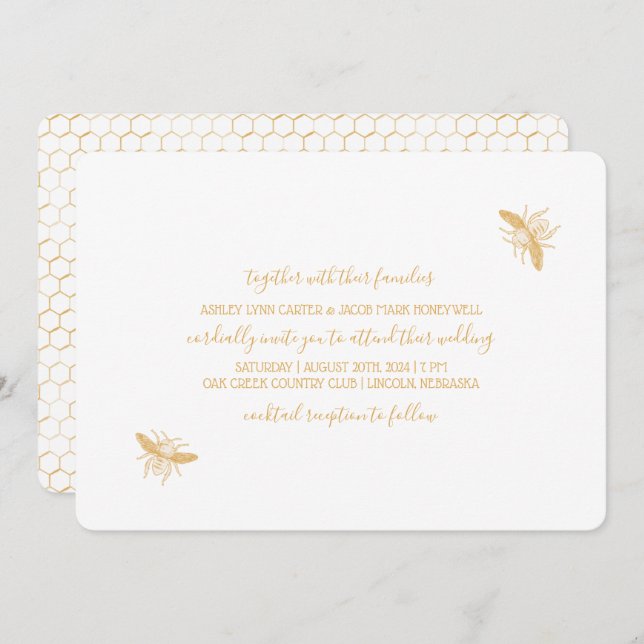 Bees and Golden Honeycomb Pattern Wedding 2 Invitation (Front/Back)