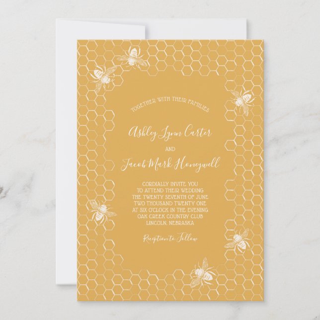 Bees and Golden Honeycomb Wedding Invitation (Front)