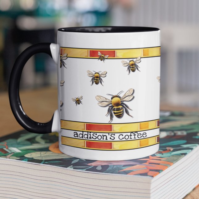 Bees and Honeycomb Customisable Mug (Cute customizable bee themed coffee mug as a gift for beekeepers and nature lovers. )