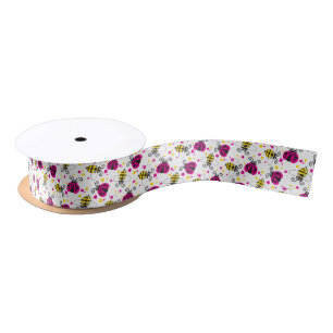 Bees and ladybug flying graphic art satin ribbon