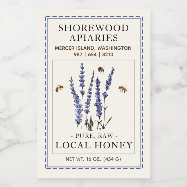 Bees and Lavender 2"x3" Honey Label with Phone # (Single Label)