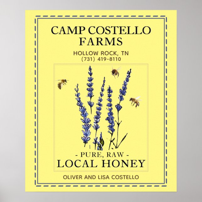 Bees and Lavender Honey Poster with Phone # (Front)