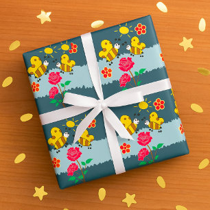 Bees and Roses Floral Garden Wrapping Paper