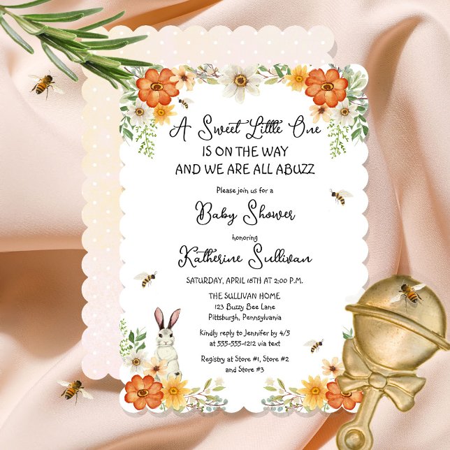 Bees and Spring Flowers | Bunny Girl Baby Shower Invitation (Creator Uploaded)