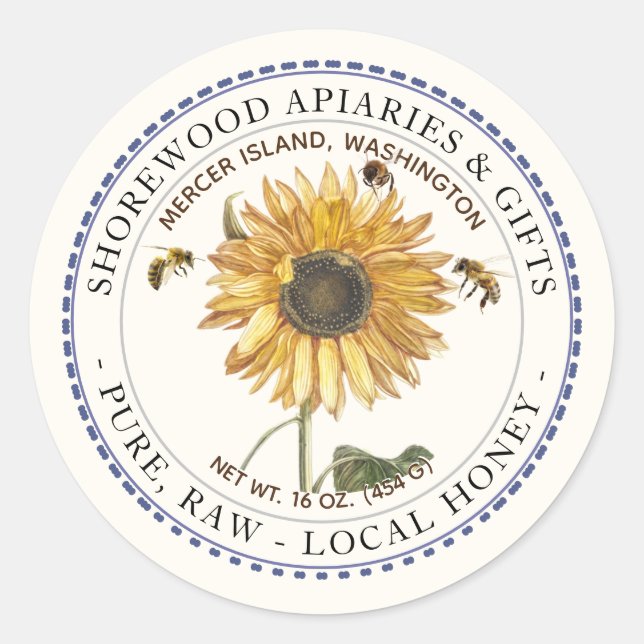 Bees and Sunflower Honey Label with Dashed Border (Front)