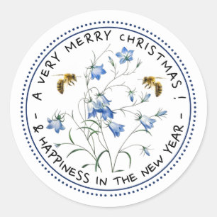Bees and Vintage Bluebells Very Merry Christmas Classic Round Sticker