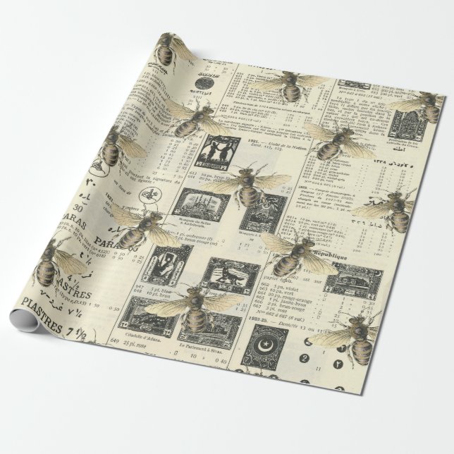 Bees and Vintage Catalog Wrapping Paper (Unrolled)