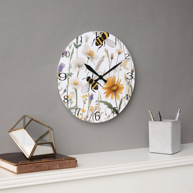 Bees And Wildflowers,  Large Clock (Office)