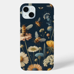 Bees and Wildflowers on Dark Blue iPhone 15 Mini Case