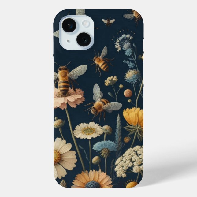 Bees and Wildflowers on Dark Blue Case-Mate iPhone Case (Back)