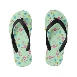 Bees, birds and flowers green pattern kid's flip flops