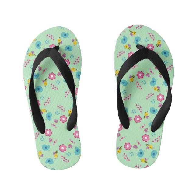Bees, birds and flowers green pattern kid's flip flops (Footbed)