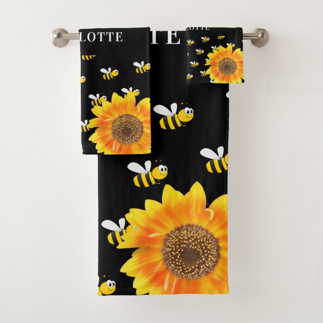 Bees black yellow sunflowers name bath towel set (Insitu)